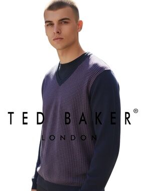 Ted Baker Navy/Purple Houndstooth V-Neck Fine Knit Sweater (XS/S)